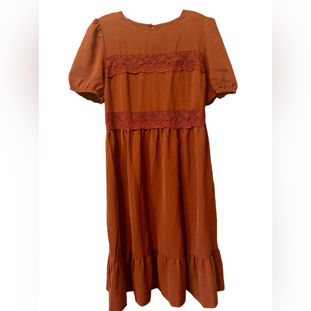 NWT SHEIN Rust Colored Dress Puff Sleeves, lace detail, elastic waist size L